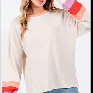 Women's Cream Colorblock Sweatshirt with Red and Purple Accents